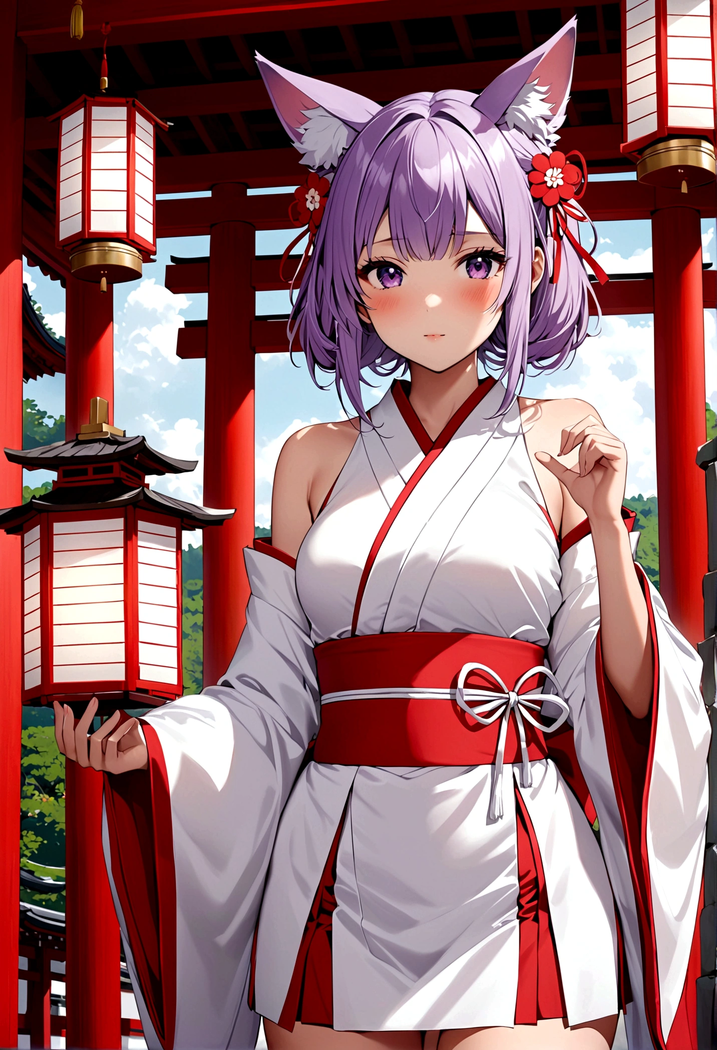 (best quality:1.4), high resolution, masterpiece,, 1 Girl,, Lilac hair, Purple Eyes, (Kemomimi), Medium breasts, Bare slender thighs,, Hair accessories, (Red|White Japanese shrine maiden costume), Separate sleeves,, blush,, lantern, shrine,, Delicate face,