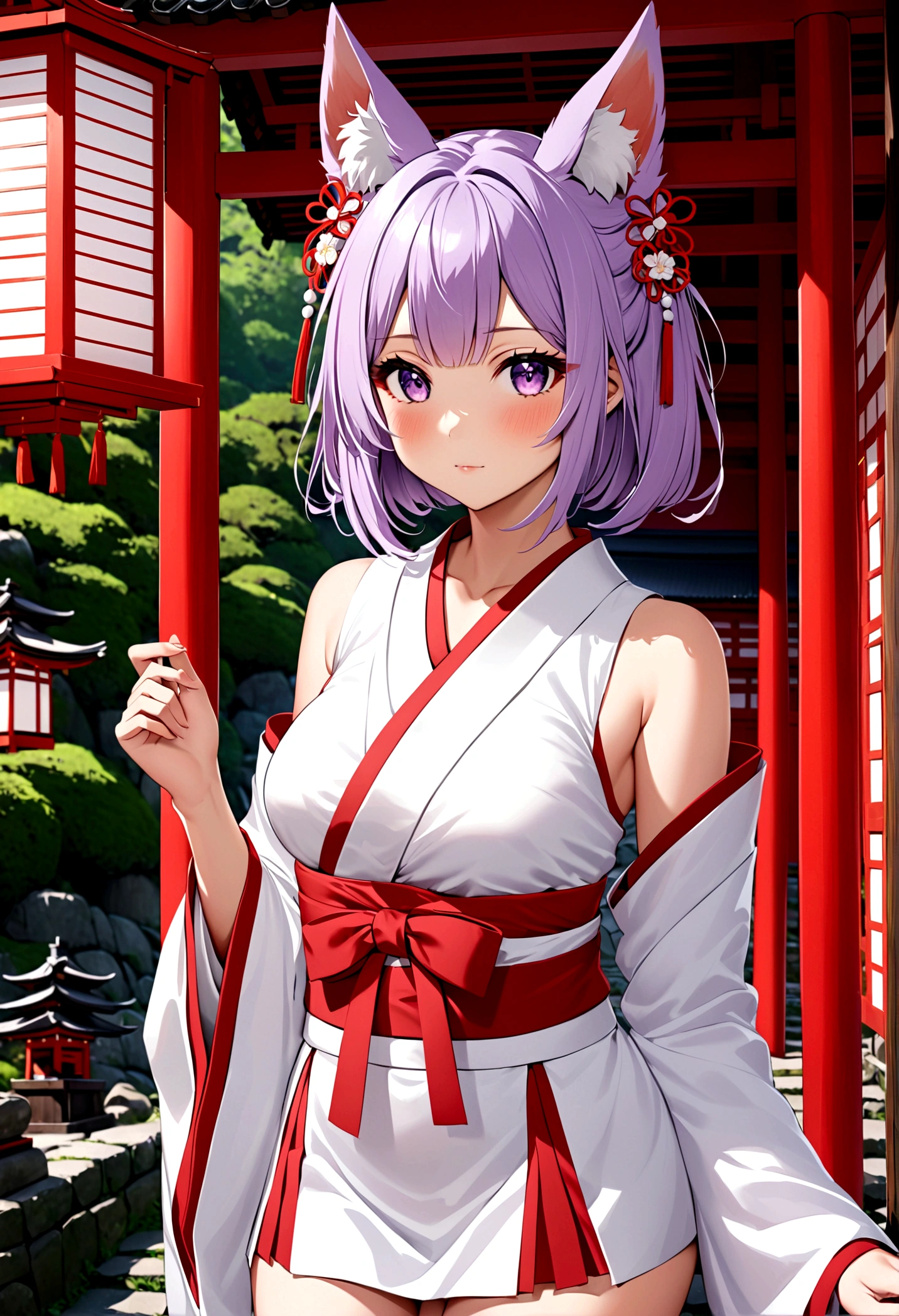 (best quality:1.4), high resolution, masterpiece,, 1 Girl,, Lilac hair, Purple Eyes, (Kemomimi), Medium breasts, Bare slender thighs,, Hair accessories, (Red|White Japanese shrine maiden costume), Separate sleeves,, blush,, lantern, shrine,, Delicate face,