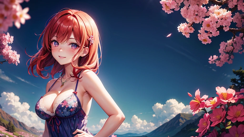 (Masterpiece, Best Quality, High Quality),Nishikino maki, Red hair, purple eyes, (freckle:1.2),moist skin,volumetric lighting, illustration, beautiful, a bow,upper body, (Light blue camisole:1.1), floral print, looking to the side,big breasts ,confident, seductive smile, (arms behind back, head tilt:1.1), heart pendant, perfect lighting, perfect shadows, flower, (breathtaking scenery:1.1), tree, blushing