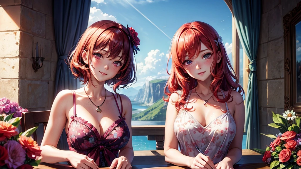 (Masterpiece, Best Quality, High Quality),Nishikino maki, Red hair, purple eyes, (freckle:1.2),moist skin,volumetric lighting, illustration, beautiful, a bow,upper body, (Light blue camisole:1.1), floral print, looking to the side,big breasts ,confident, seductive smile, (arms behind back, head tilt:1.1), heart pendant, perfect lighting, perfect shadows, flower, (breathtaking scenery:1.1), tree, blushing