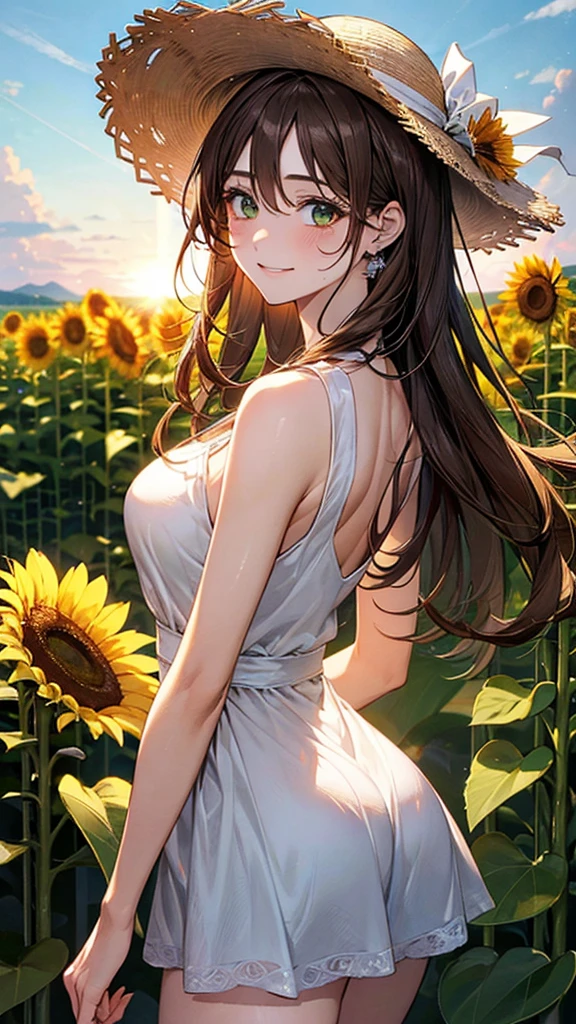 ((Highest quality)), ((High resolution)), ((masterpiece)), (detailed), (photograph),
View your viewers, Cowboy Shot, Written boundary depth, Anatomically correct, Mature Woman, Perfect Face, Cute and symmetrical face, Shiny skin,
(Long Hair, Light Brown Hair), Hair between the eyes, Green Eyes, Long eyelashes, (Big Breasts:0.9),
Beautiful Hair, Beautiful Face, Beautiful details, Beautiful clavicle, Beautiful body, Beautiful breasts, Beautiful thighs, Beautiful legs,
(White dress, Straw hat),
(Beautiful views), Sun shower, Sunflower field, Look back here, (Cute Smile),