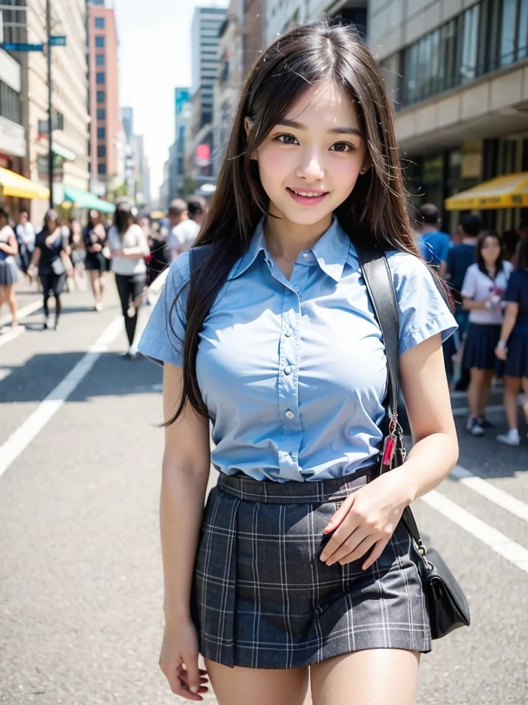 (smile)、Cute Girl、fun、(((smile)))、high school girl、((Schoolgirl uniform))、(The eyes are light brown)、(((Droopy eyes))),Ultra-realistic、photograph、(((Pedestrian precinct)))、Short skirt、 The face is very beautiful、Clear eyes、(((Eyes with big eyes)))、Pedestrian precinct、intersection、Japanese girls&#39; high 、 bench、Dark blue pretz skirt、Large bust、((Sexy young woman&#39;s body:1.4))、