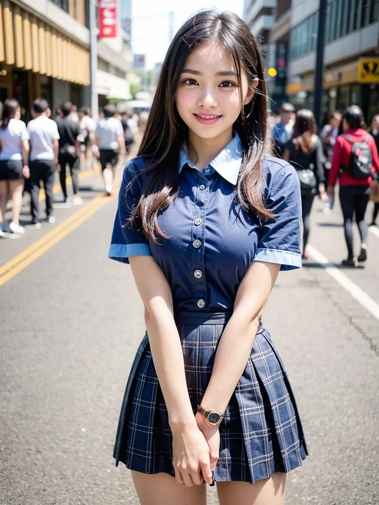 (smile)、Cute Girl、fun、(((smile)))、high school girl、((Schoolgirl uniform))、(The eyes are light brown)、(((Droopy eyes))),Ultra-realistic、photograph、(((Pedestrian precinct)))、Short skirt、 The face is very beautiful、Clear eyes、(((Eyes with big eyes)))、Pedestrian precinct、intersection、Japanese girls' high 、 bench、Dark blue pretz skirt、Large bust、((Sexy young woman's body:1.4))、