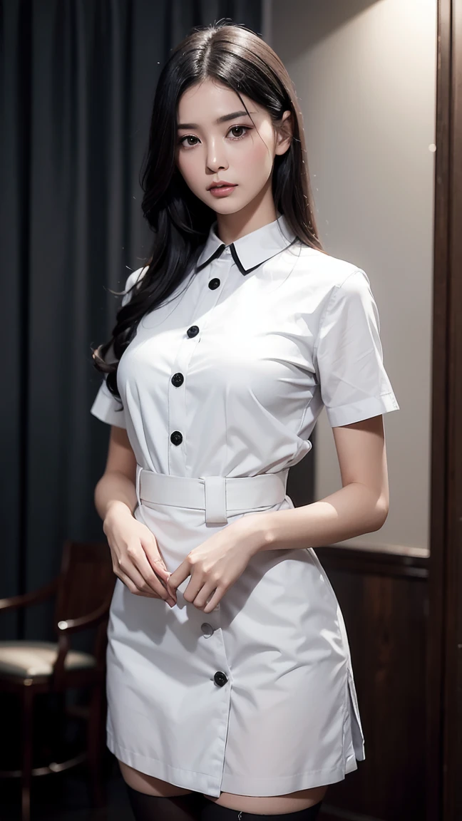 reality, High resolution, Lonely, 1 female: Lonely人物, Wrapped in sophisticated light, Standing with her slender waist upright, Staring at the audience. Her silky black hair cascades down her back, Falling on her shoulders、Frame her delicate face. Wearing a white nurse uniform at the clinic, The hem of her skirt was slightly above the ground., She is wearing black stockings, Decorated with a subtle sheen that matches the polished floors. The buttons on the uniform are cleverly placed, Suggests careful attention to detail, The collar of her uniform gently brushes against her delicate neck.