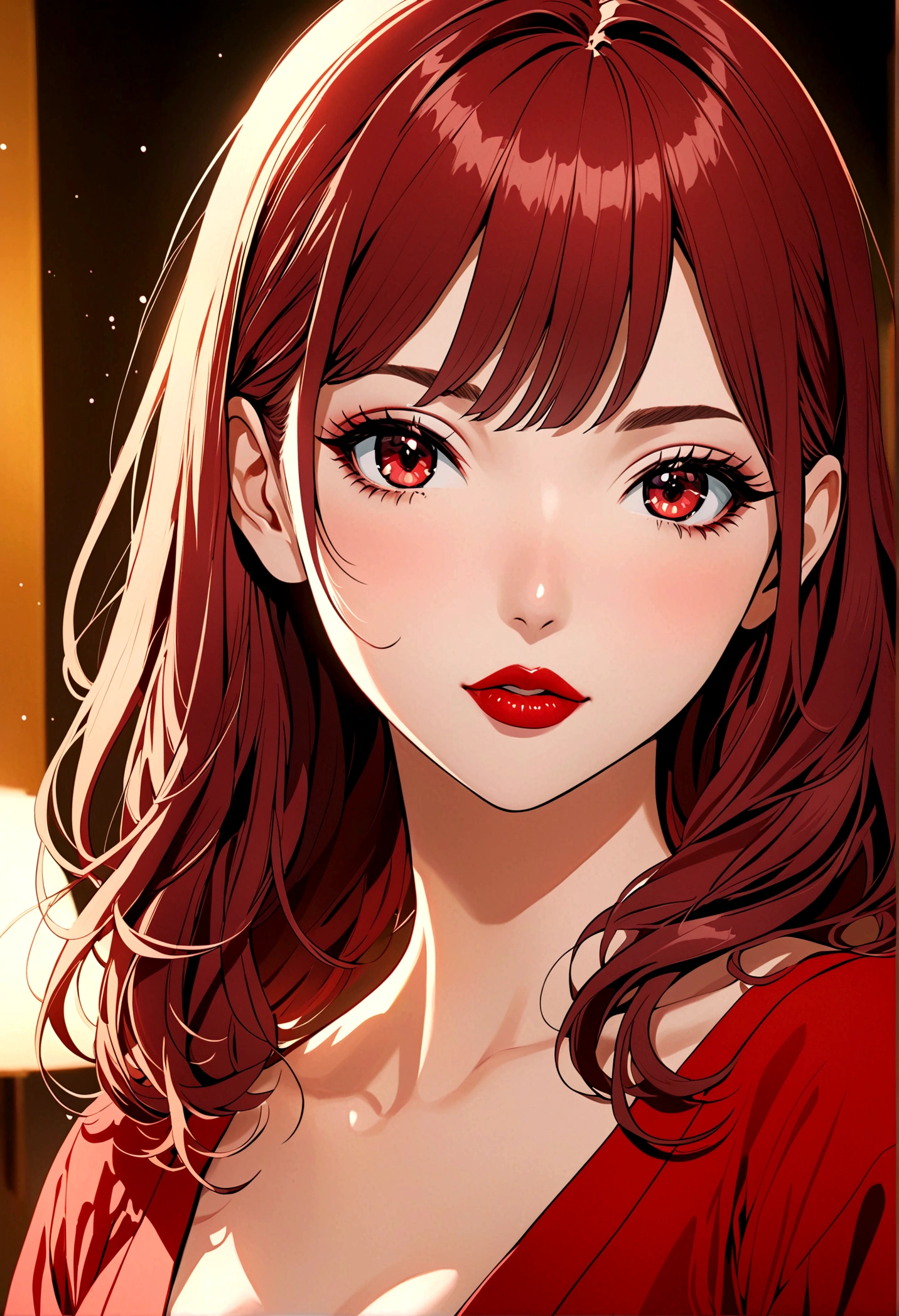 (masterpiece),(best quality:1.0), (Ultra-high resolution:1.0), Detailed description, 8K, Japanese cartoons, 1 Girl, beautiful Japanese cartoons girl, Wearing a red dress, corolla, Pretty Face, Delicate face, beautiful eyes, Delicate eyes, Crimson eyes, Bright red lips, Red lipstick, Beautiful and stylish hair, Hair highlights, bangs Japanese cartoons style, best quality, Energetic