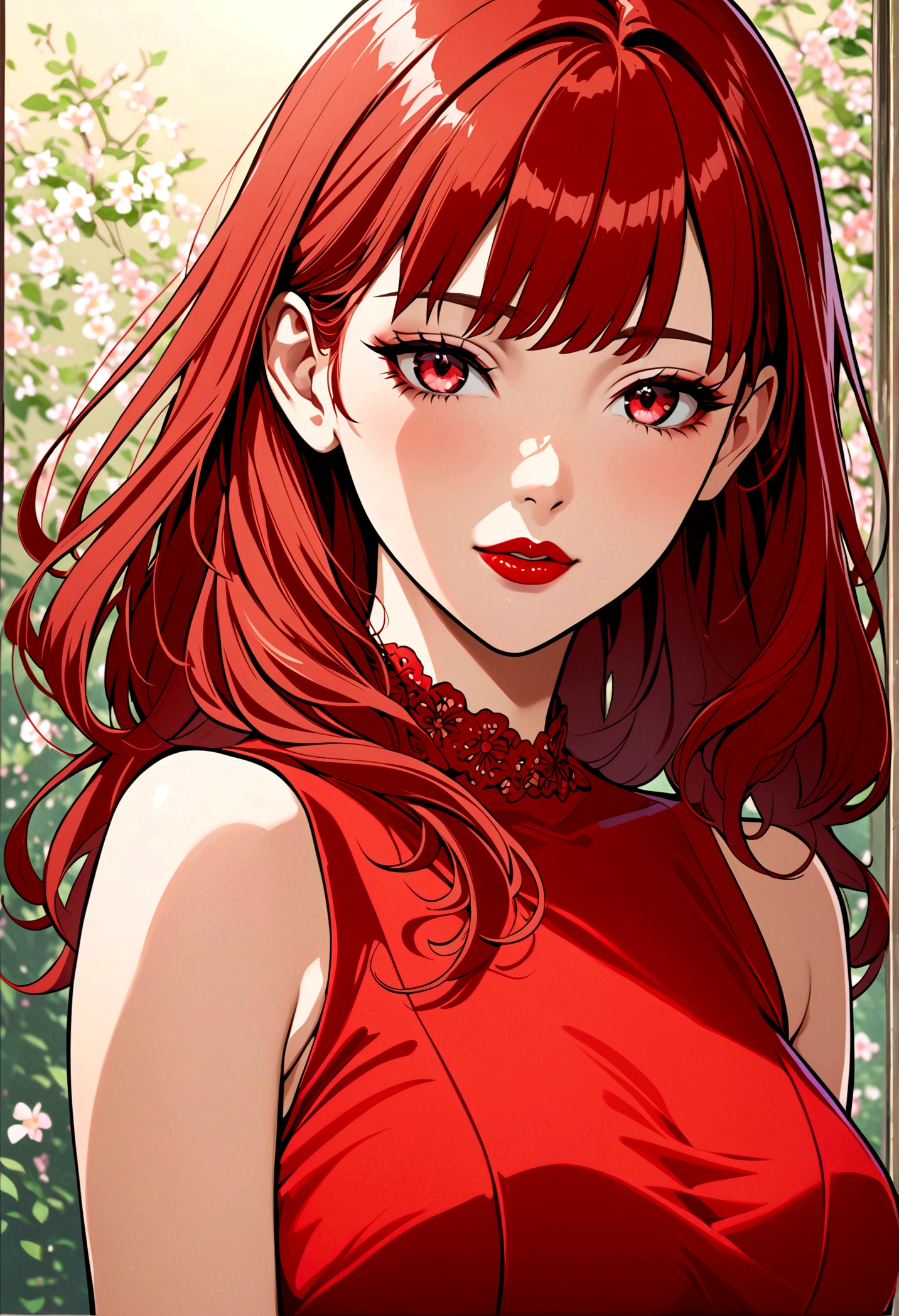 (masterpiece),(best quality:1.0), (Ultra-high resolution:1.0), Detailed description, 8K, Japanese cartoons, 1 Girl, beautiful Japanese cartoons girl, Wearing a red dress, corolla, Pretty Face, Delicate face, beautiful eyes, Delicate eyes, Crimson eyes, Bright red lips, Red lipstick, Beautiful and stylish hair, Hair highlights, bangs Japanese cartoons style, best quality, Energetic