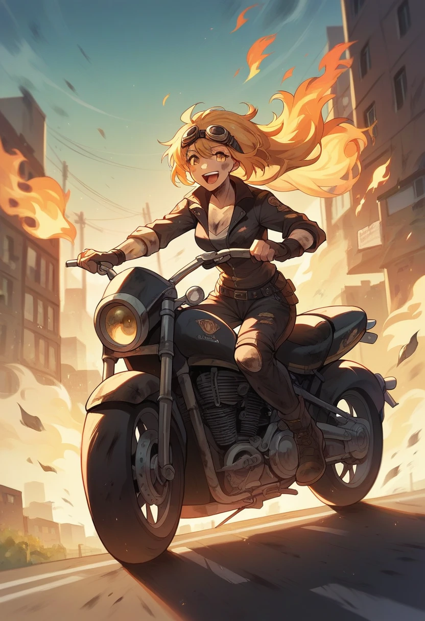 Woman riding cruiser motorcycle, black streetwear, medium chest, long golden hair, golden eyes, big smile, happy, motorcycle goggles, dirty, apocalypse, zombies, city, fire, highly detailed