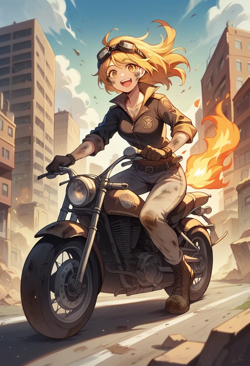 Woman riding cruiser motorcycle, black streetwear, medium chest, long golden hair, golden eyes, big smile, happy, motorcycle goggles, dirty, apocalypse, zombies, city, fire, highly detailed