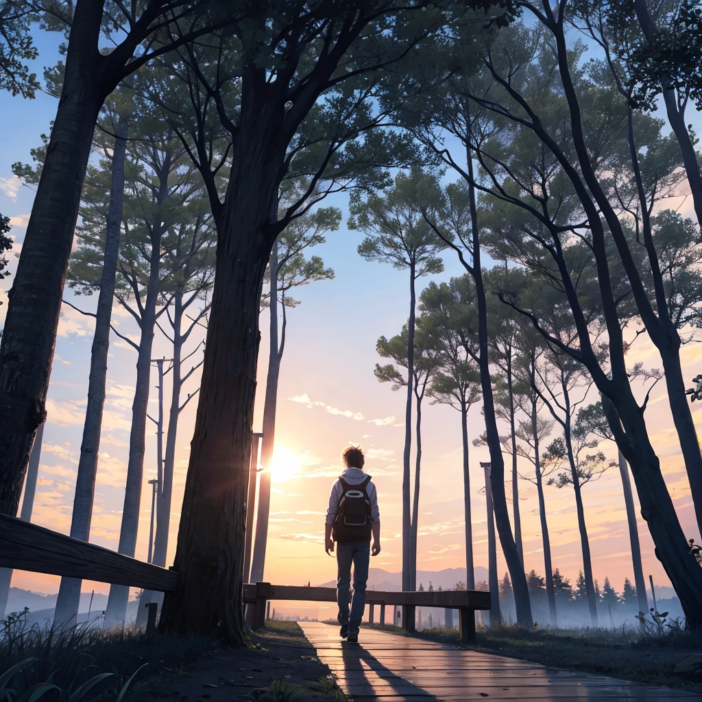 A person walking across a bridge with trees while the sun rises