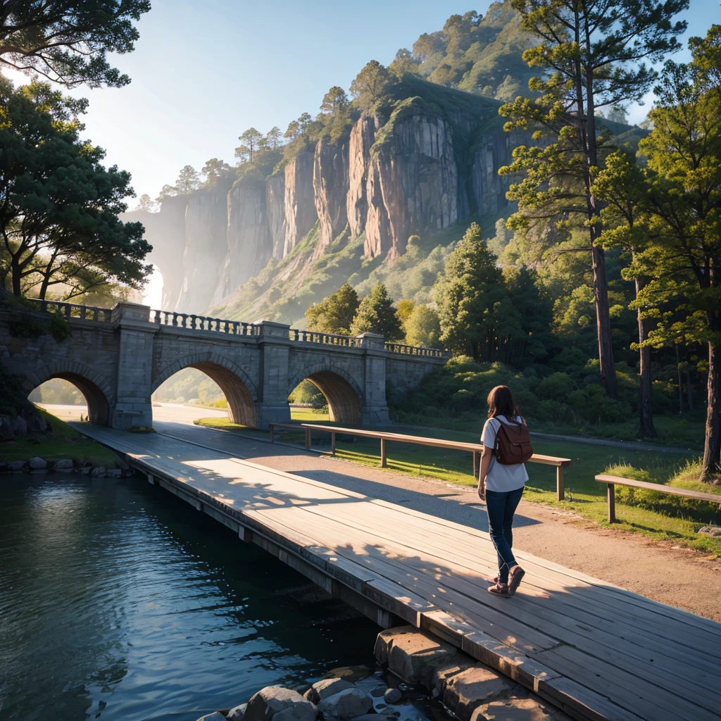 A person walking across a bridge with trees while the sun rises