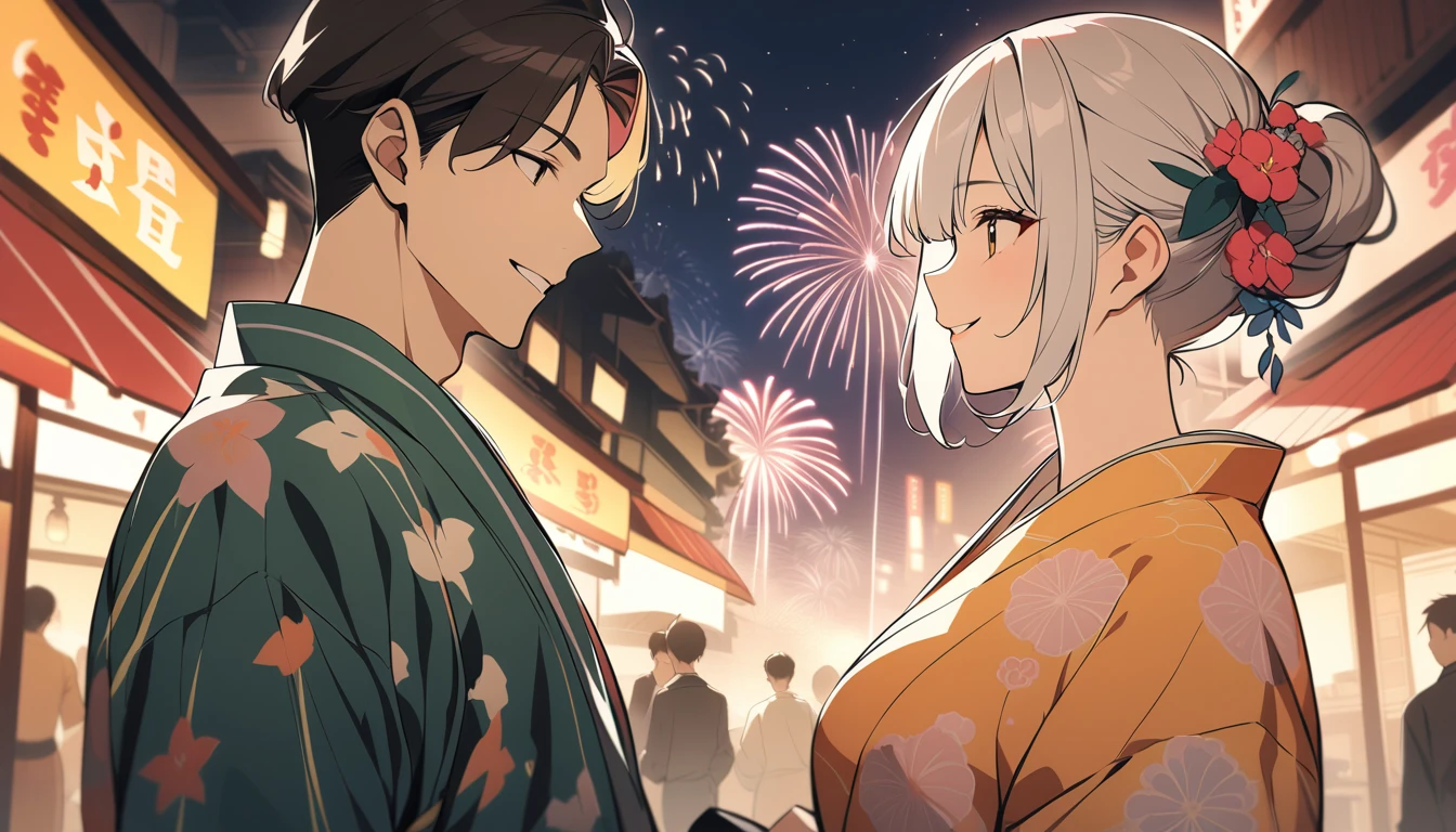 Cafe、Male and female lovers、looks fun,smile、Fireworks display、 Multicolored Hair, 、Retro costumes, yukata, Sideways glance, Hyper Pop, Stylish、 Retro feel, overview, masterpiece, Highest quality,