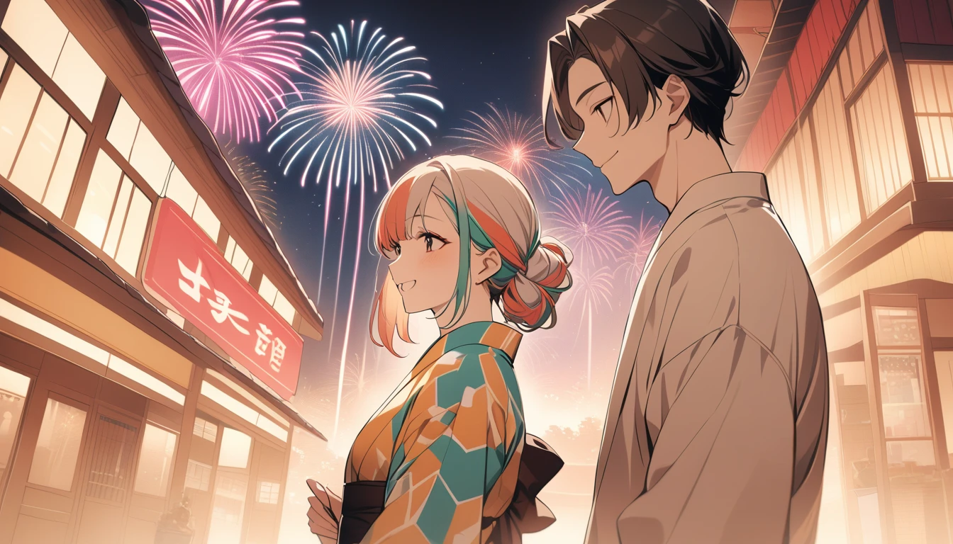 Cafe、Male and female lovers、looks fun,smile、Fireworks display、 Multicolored Hair, 、Retro costumes, yukata, Sideways glance, Hyper Pop, Stylish、 Retro feel, overview, masterpiece, Highest quality,