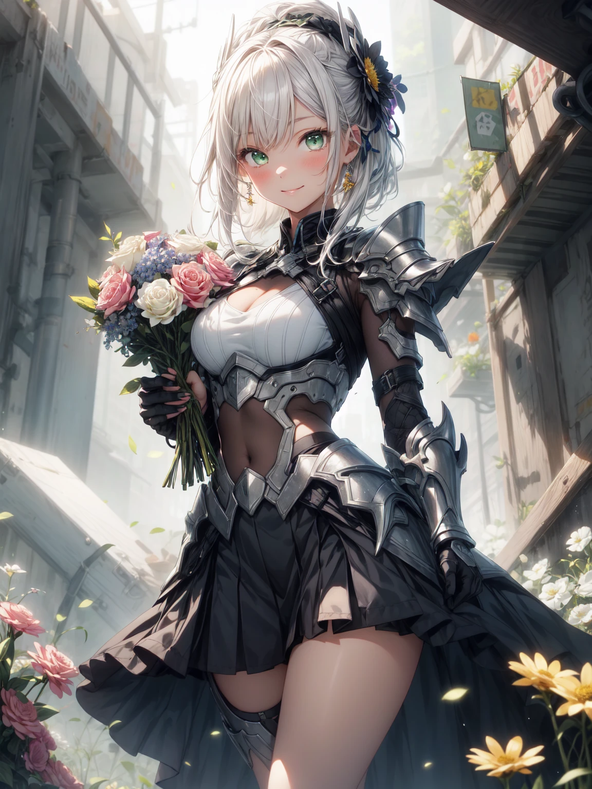 Be realistic,(masterpiece,Highest quality,Highest quality,Very detailed,Fractal Art,Most detailed,(Flower field background:1.5)(1 Girl),Kamimei,(Hair length),(Green eyes glow、your breasts will grow,Stunned),crystallization,sexy、Machinery Armor、Sunburned skin、(Holding a bouquet of flowers in both hands:1.3)、break, (Holding a bouquet:1.3),(mini skirt)、A kind smile