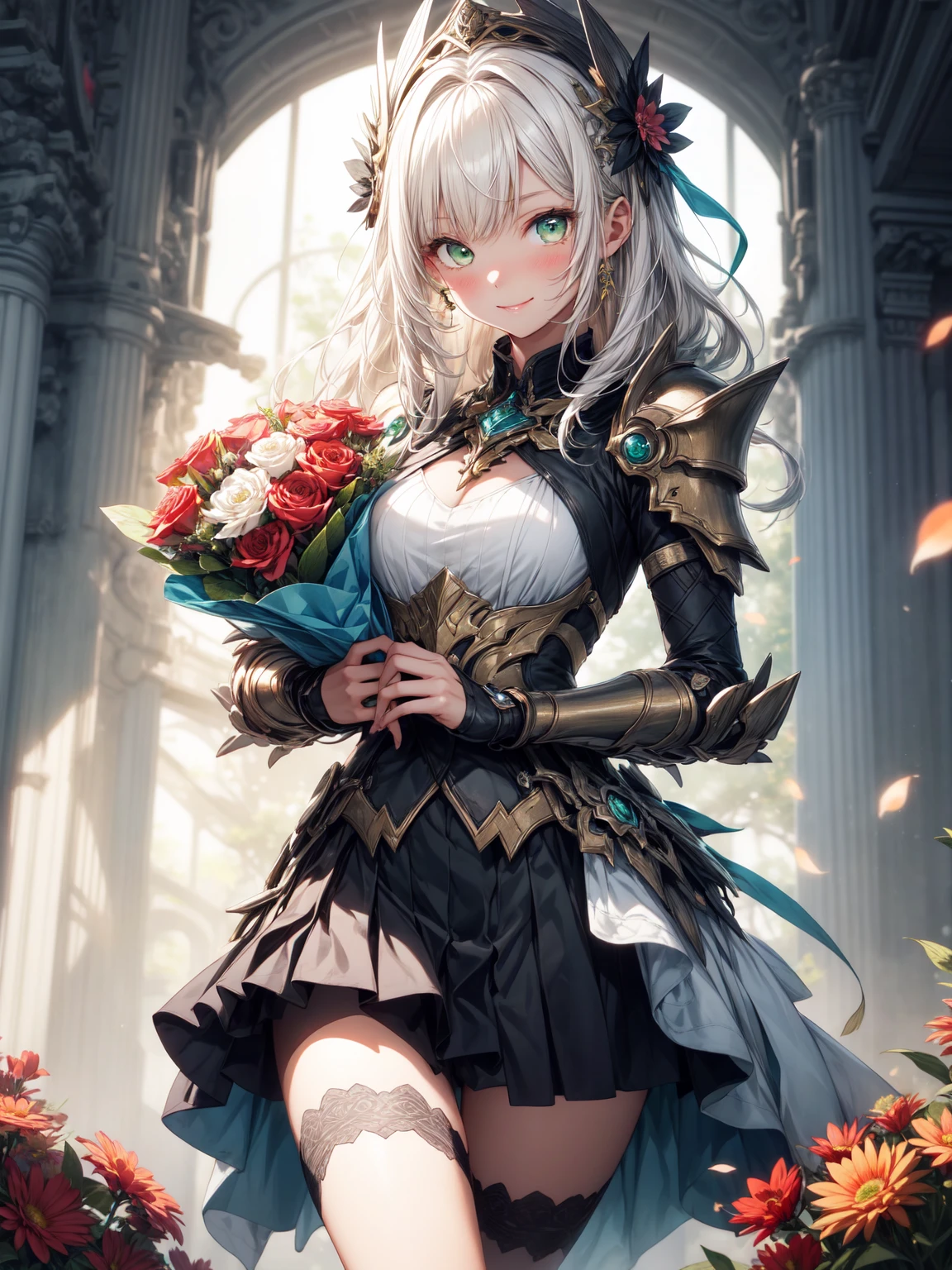Be realistic，（masterpiece，Highest quality，Highest quality，Very detailed，Fractal Art，Most detailed，（Flower field background：1.5）（1 Girl），Kamimei，（Hair length），（Green eyes glow、your breasts will grow，Stunned)，crystallization，sexy、Machinery Armor、Sunburned skin、（Holding a bouquet of flowers in both hands:1.3）、break, (Holding a bouquet:1.3),(mini skirt)、A kind smile