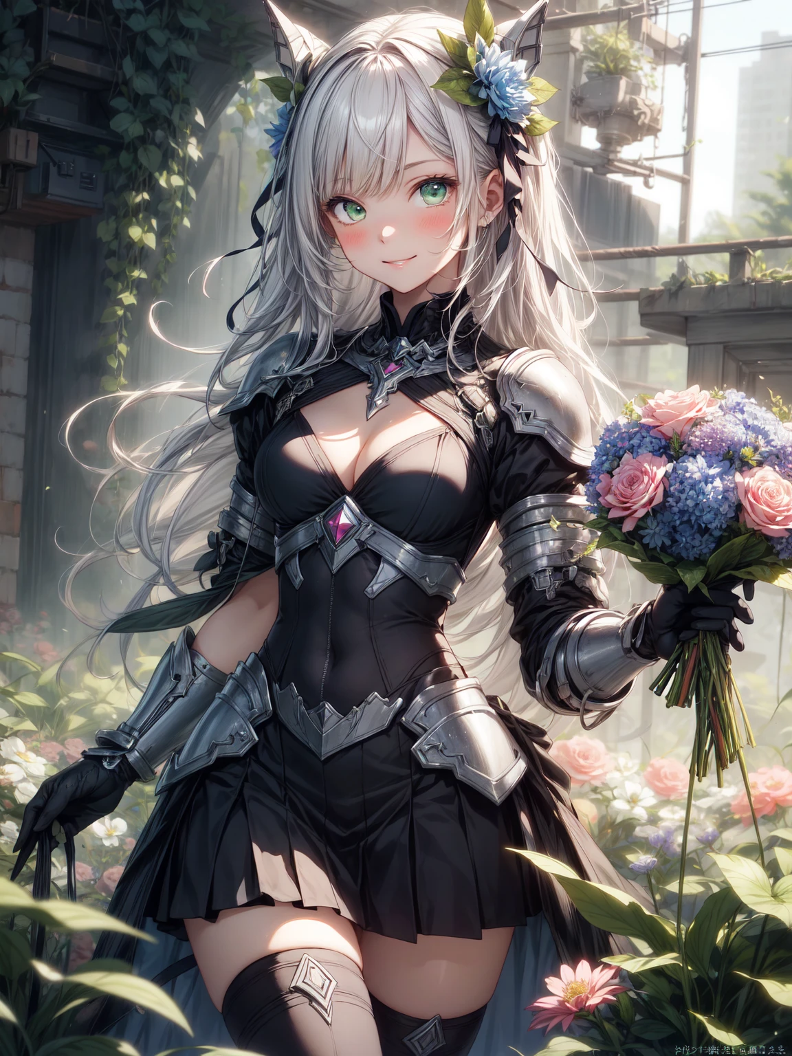 Be realistic，（masterpiece，Highest quality，Highest quality，Very detailed，Fractal Art，Most detailed，（Flower field background：1.5）（1 Girl），Kamimei，（Hair length），（Green eyes glow、your  will grow，Stunned)，crystallization，、Machinery Armor、Sunburned skin、（Holding a bouquet of flowers in both hands:1.3）、break, (Holding a bouquet:1.3),()、A kind smile