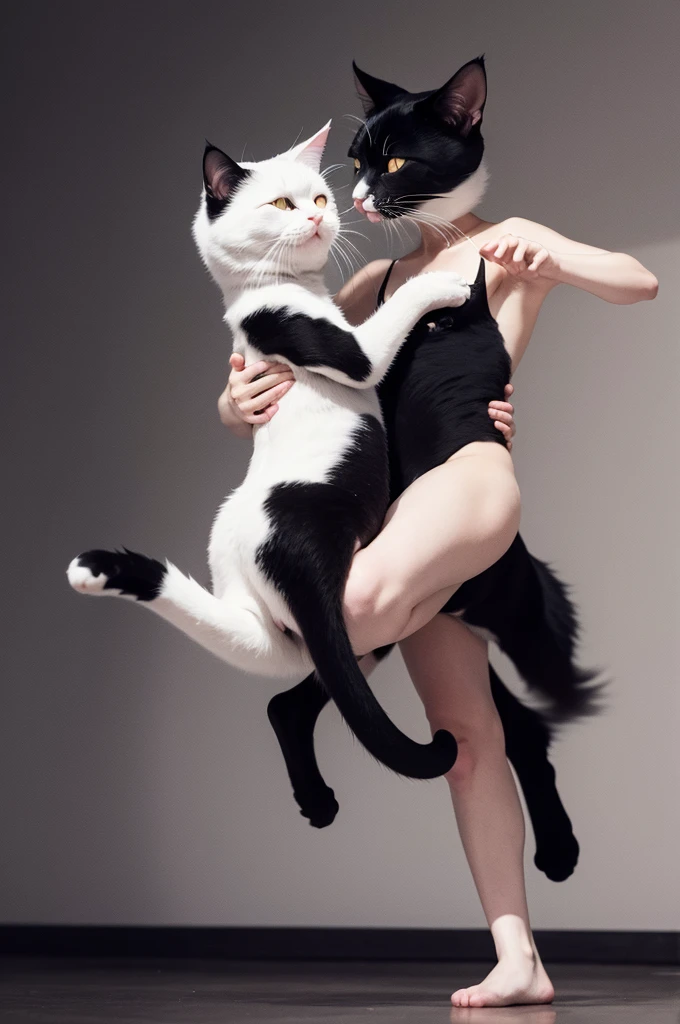 A black and a white cat dancing at night