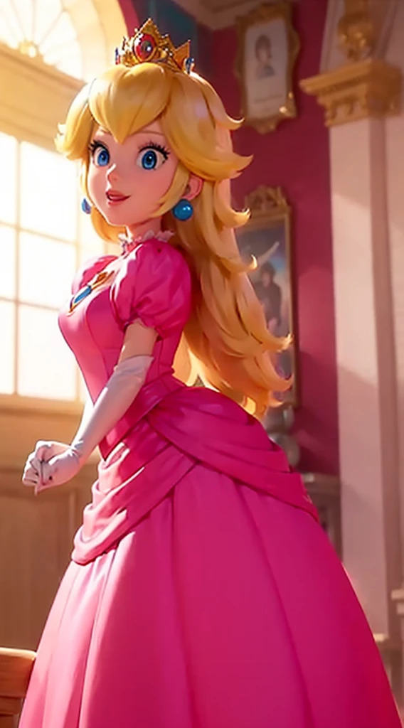 (Inside a castle setting,)  A  Princess Peach wearing a beautiful hot pink dress, she is gentle and compassionate and is shown smiling gently, she is over 6 feet tall and wears a golden crown atop her blond hair and white gloves. With a focus on her large alluring chest, (large chested, decolletage, (she is dipicted leaning forward showing off her decolletage)), she is depicted in a close-up shot from below.