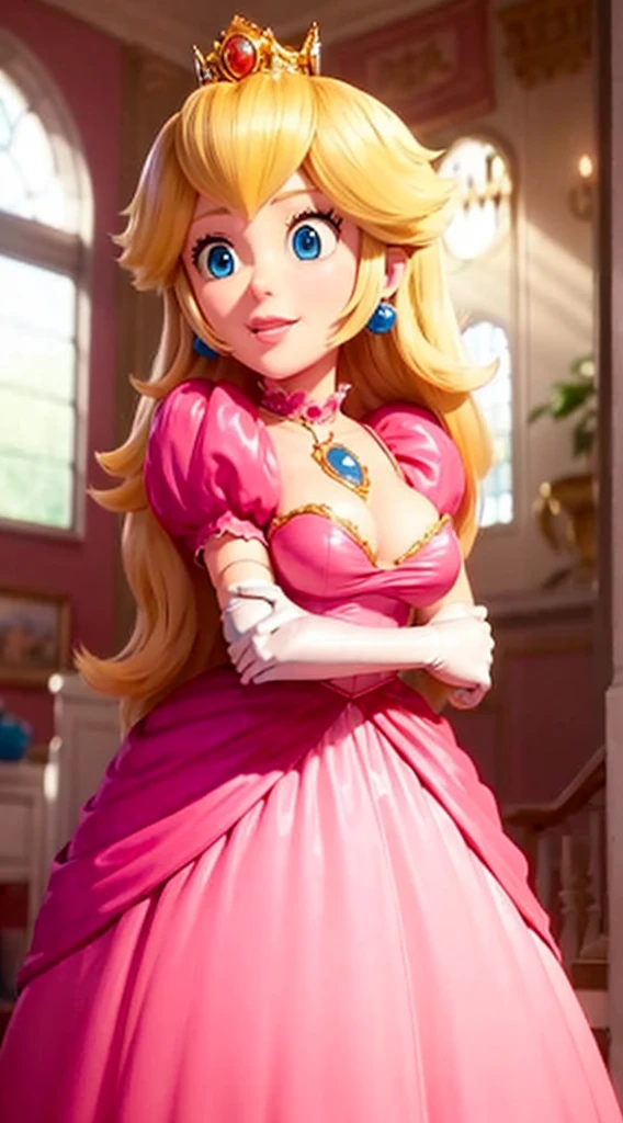 (Inside a castle setting,)  A  Princess Peach wearing a beautiful hot pink dress, she is gentle and compassionate and is shown smiling gently, she is over 6 feet tall and wears a golden crown atop her blond hair and white gloves. With a focus on her large alluring chest, (large chested, decolletage, (she is dipicted leaning forward showing off her decolletage)), she is depicted in a close-up shot from below.