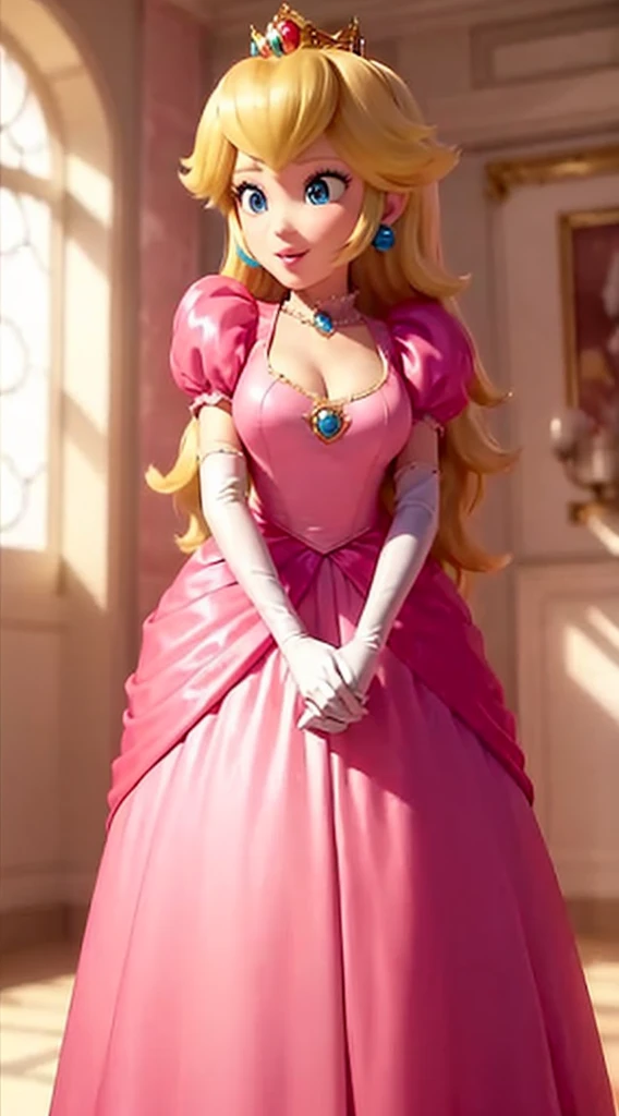 (Inside a castle setting,)  A  Princess Peach wearing a beautiful hot pink dress, she is gentle and compassionate and is shown smiling gently, she is over 6 feet tall and wears a golden crown atop her blond hair and white gloves. With a focus on her large alluring chest, (large chested, decolletage, (she is dipicted leaning forward showing off her decolletage)), she is depicted in a close-up shot from below.