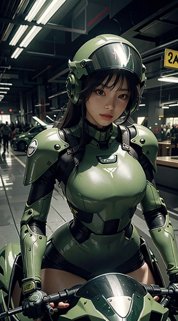 Highest image quality, outstanding details, ultra-high resolution, (realism: 1.4), the best illustration, favor details, highly condensed 1girl, with a delicate and beautiful face, dressed in a black and green mecha, wearing a mecha helmet, holding a directional controller, riding on a motorcycle, the background is a high-tech lighting scene of the future city.