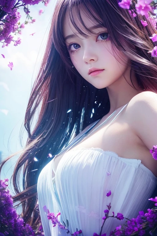 (anime),(cute)(masterpiece), (Highest quality),One girl,Upper Body,(Double exposure:1.2),(Simple Background:1),Bold、clear、bright-PURPLE、shed tears、Cry、Natural、Turn、 (Movie angle),(Dynamic Angle),Disheveled long hair,(Low contrast),(Flat Color:0.7)