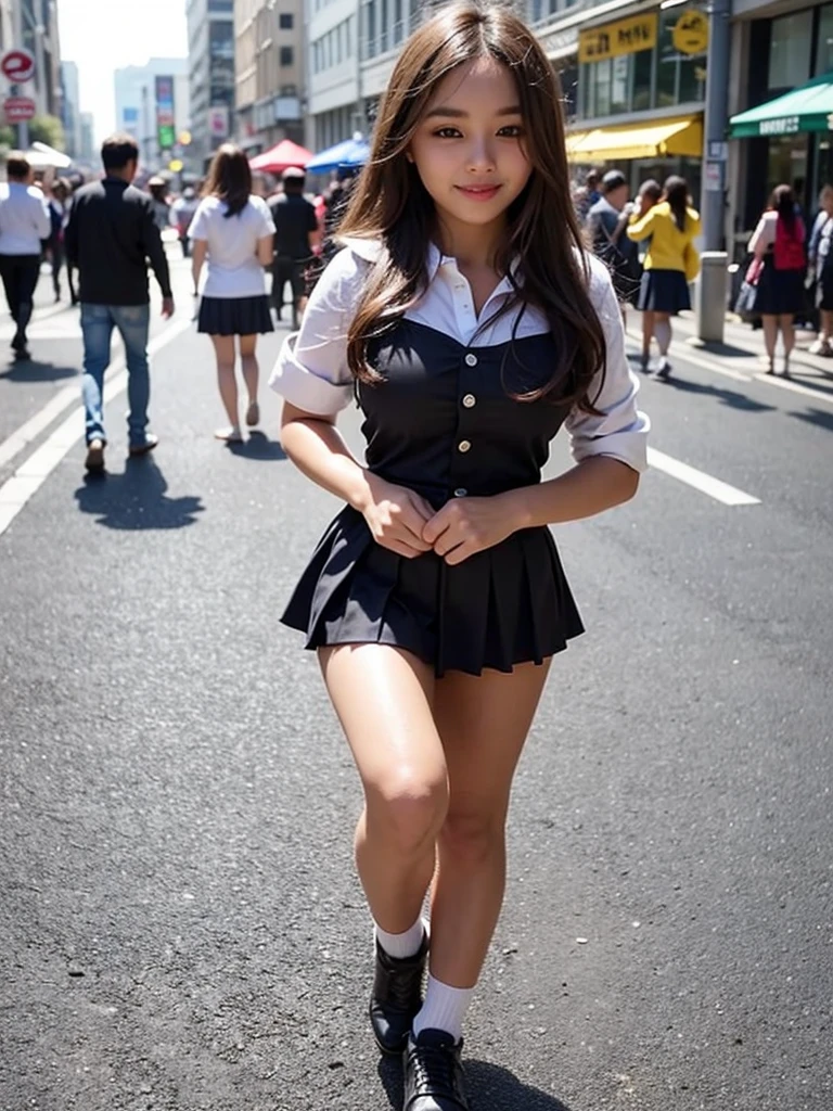 (smile)、Cute Girl、fun、(((smile)))、high school girl、((Schoolgirl uniform))、(The eyes are light brown)、(((Droopy eyes))),Ultra-realistic、photograph、(((Pedestrian precinct)))、Short skirt、 The face is very beautiful、Clear eyes、(((Eyes with big eyes)))、Pedestrian precinct、intersection、Japanese girls' high 、 bench、Dark blue pretz skirt、Large bust、((Sexy young woman's body:1.4))、