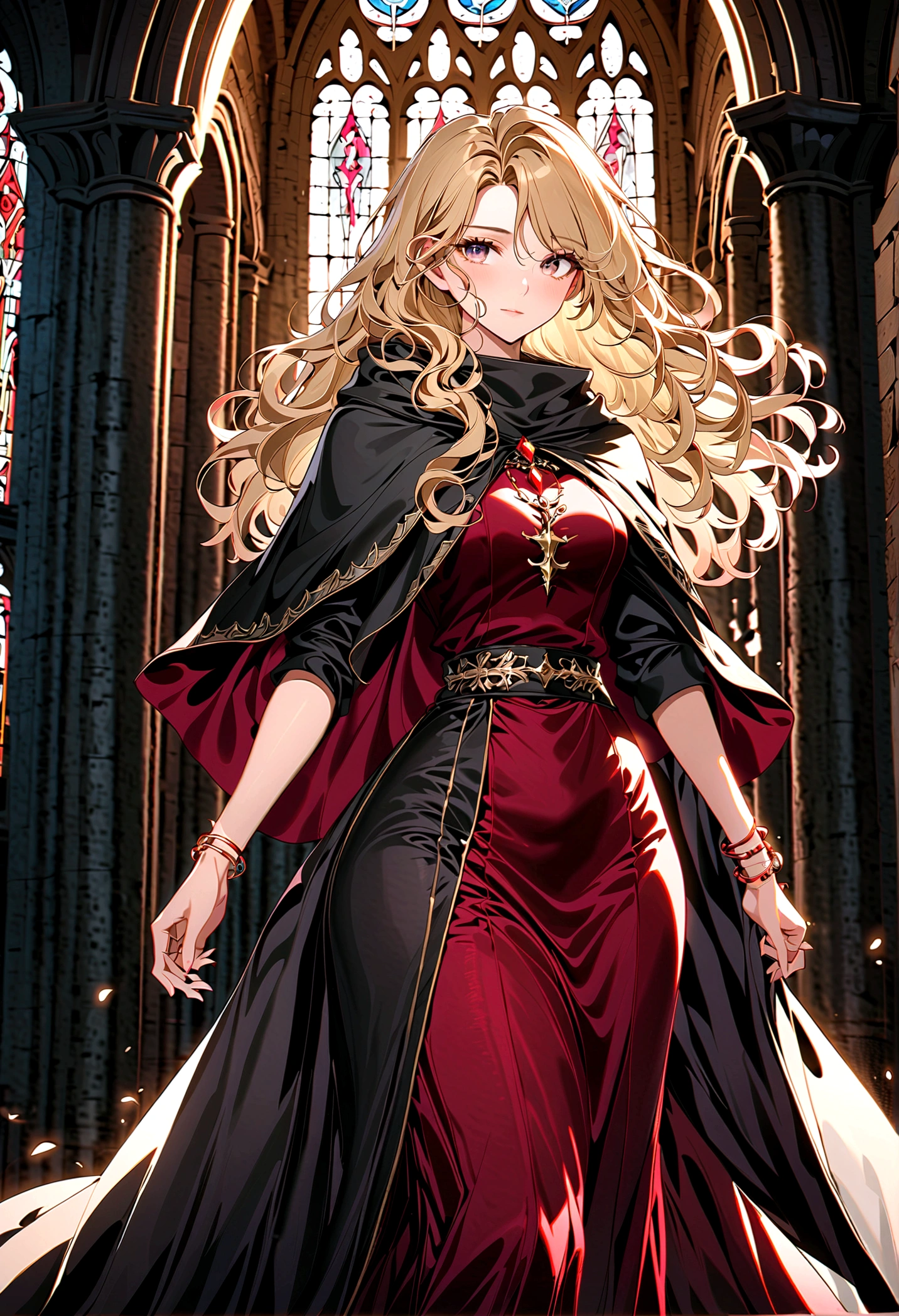 Dark Souls, Dim Lights, Old Church, Mature female, Slim, High target, Long curly blond hair, Long black cloak, Red bodycon dress, Diamond-embellished long skirt, Gold Bracelet, 8K, Official style, European nobility, 