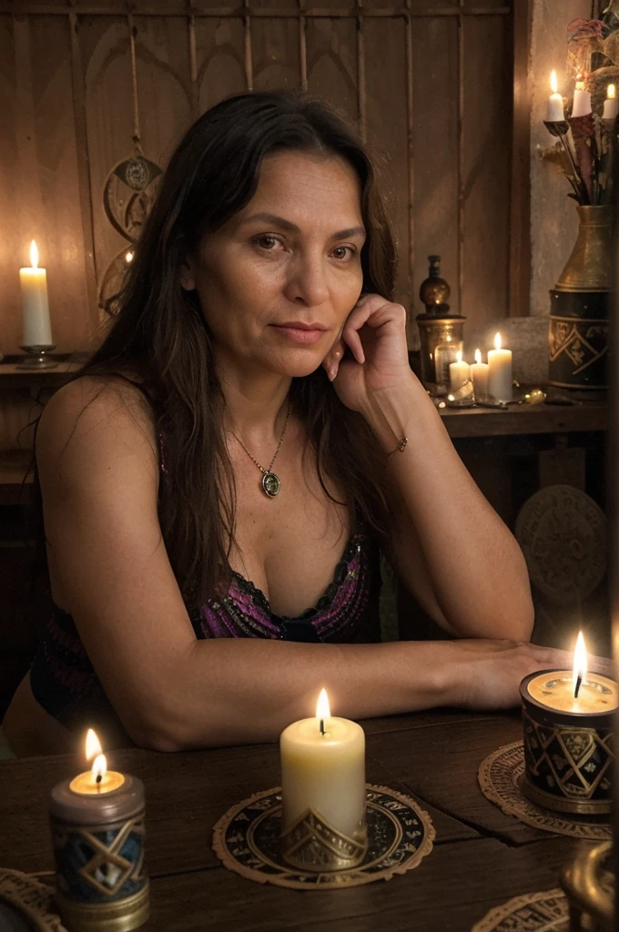 A photorealistic image of a woman 40 years old, tarot reader, sitted on a table with tarot cards and candles. Shot from a close-up angle to capture the sense of texture and vibrancy.