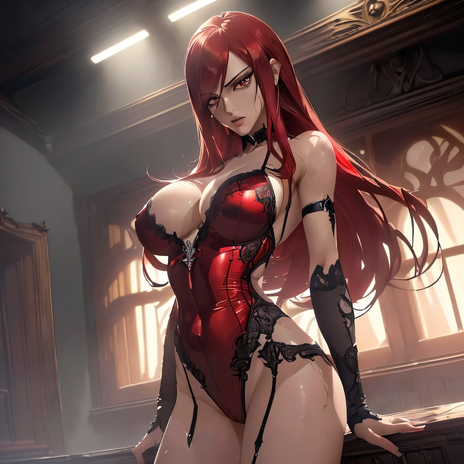 Best Quality,8k,high resolution,Masterpiece:1.2), (ultra detailed), (NSFW not safe for work art), (Erza Scarlet (Fairy Tail Settings), (pose sexual), (realist,photorealist,photo-realist:1.37), (HDR,HD), (portrait), (vivid colors), (long legs), (clearly elongated face), (Hermosos detailed eyes), (dark red eyes profundos), (beautiful detailed lips), (extremely detailed eyes and face), bright Eyes, dark red eyes, Dynamic angle and posture, soaked in sweat, perspiration, undressing (long eyelashes), (long hair cover one eye light red color), (sharp focus), (physically based rendering), (BIG BREASTS) (open legs), (intense), (expression of intense desire), (motion blur), (elegant), (slim figure), (anime inspired), (bright lights), (sexual), (contrasting colors), (mysterious atmosphere), (action packed scene), (Unique style), (striking), (Handsome), (evocative), (expressive), (Intriguing atmosphere), (giant breasts:1.2) ((Best Quality)),((Very detailed)),Masterpiece,absurdities,detailed face,beautiful face,(detailed eyes, deep eyes),(1 girl),((dynamic pose)), erotic lingerie