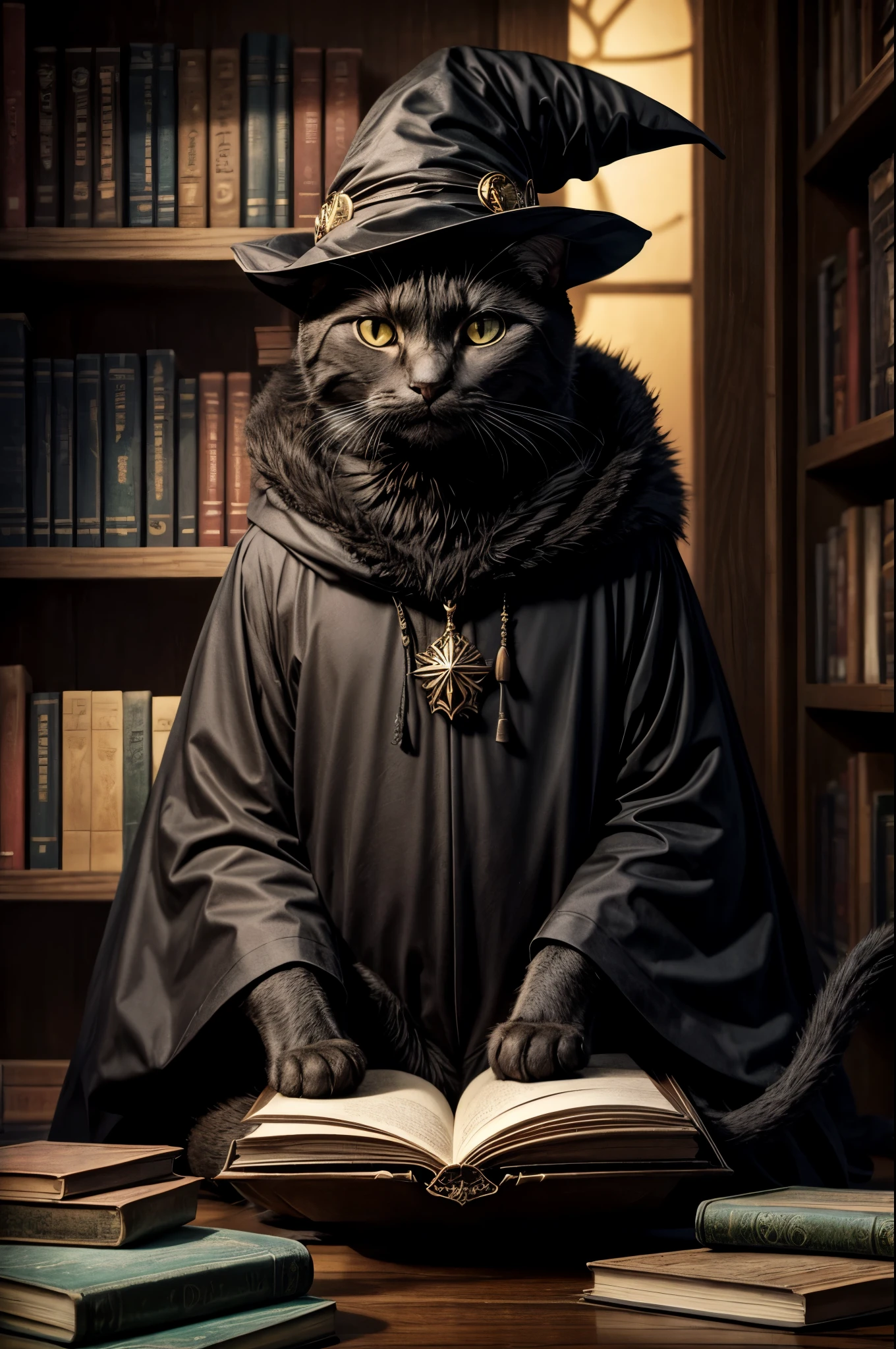 A cat sitting on a pile of books in a wizard library, wearing a black wizard hat, anime style, cozy magical atmosphere