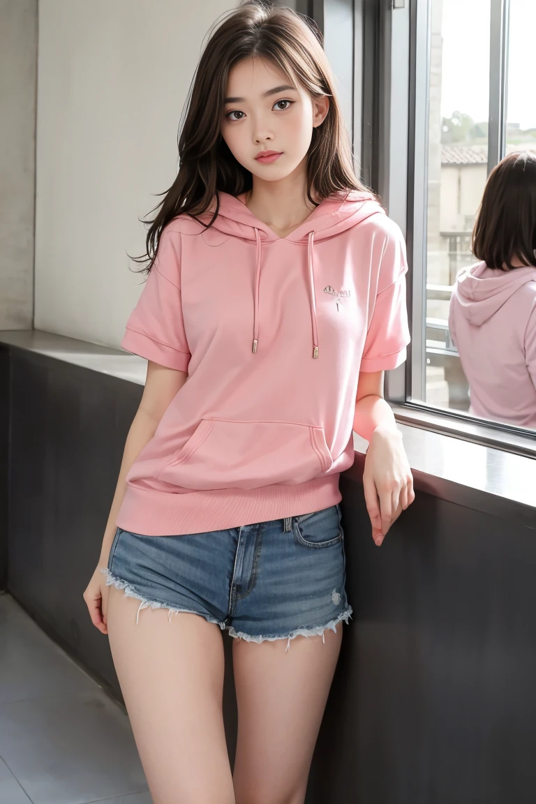 deux femmes ensemble de 18 ans sexy et mince , pink short sleeve hoodie , salle de classe, se touche,position sey,sensuel