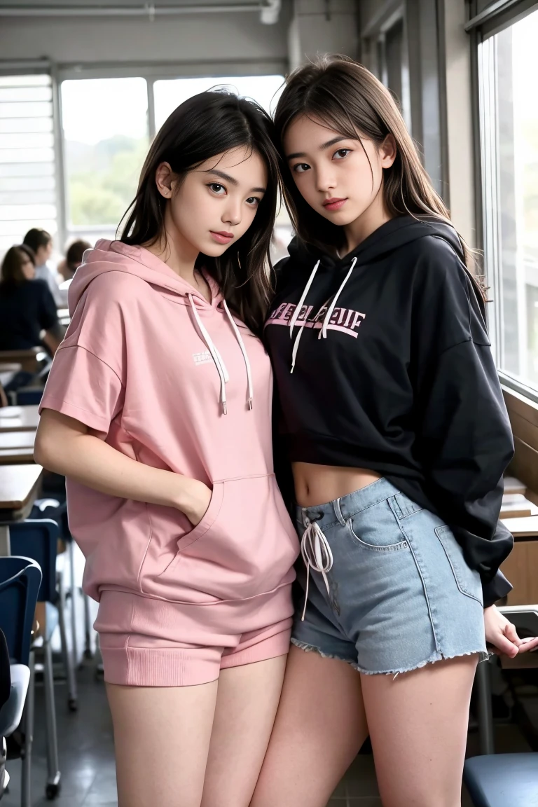 deux femmes ensemble de 18 ans sexy et mince , pink short sleeve hoodie , salle de classe, se touche,position sey,sensuel