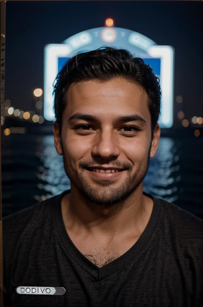 Male character in night cityscape, passport photograph, smiling, perto do mar, moderno, barba,
