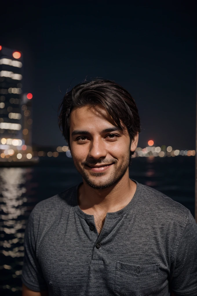 Male character in night cityscape, passport photograph, smiling, perto do mar, moderno, barba,