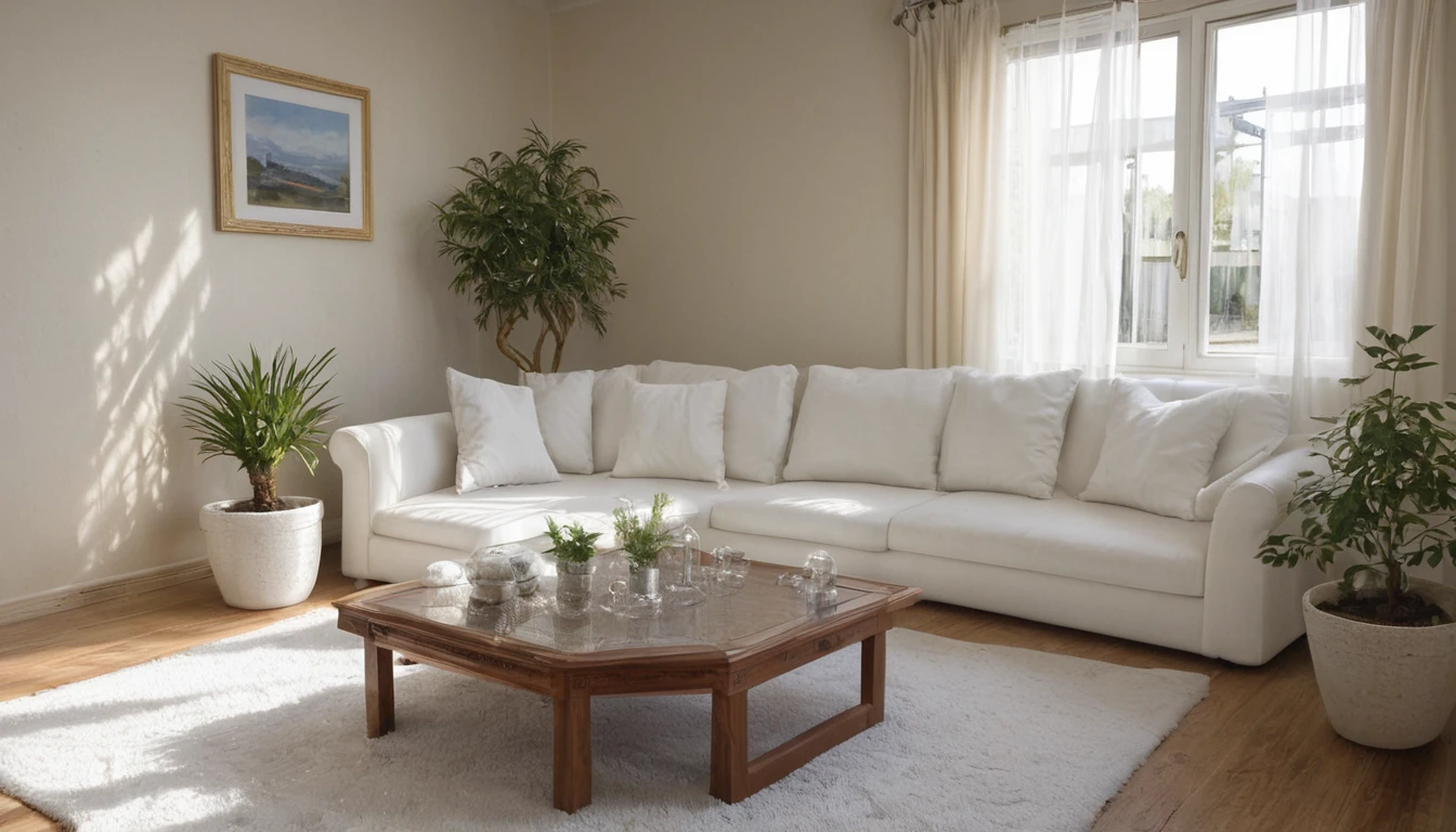 Describe a modern living room with a large window that offers a view of Cambridge. The room has a concrete wall, a white floor, and a stereo set. A glass of wine is placed on the table. The room is furnished with a yellow sofa, white cushions, and white curtains. There is a potted plant and a pendant light. Create a vivid and detailed description of the room, focusing on the architectural elements, materials, and decorations. The scene should be set at night and should be rendered in high definition (16k). The description should be beautiful and evocative, conveying a sense of luxury and refinement.