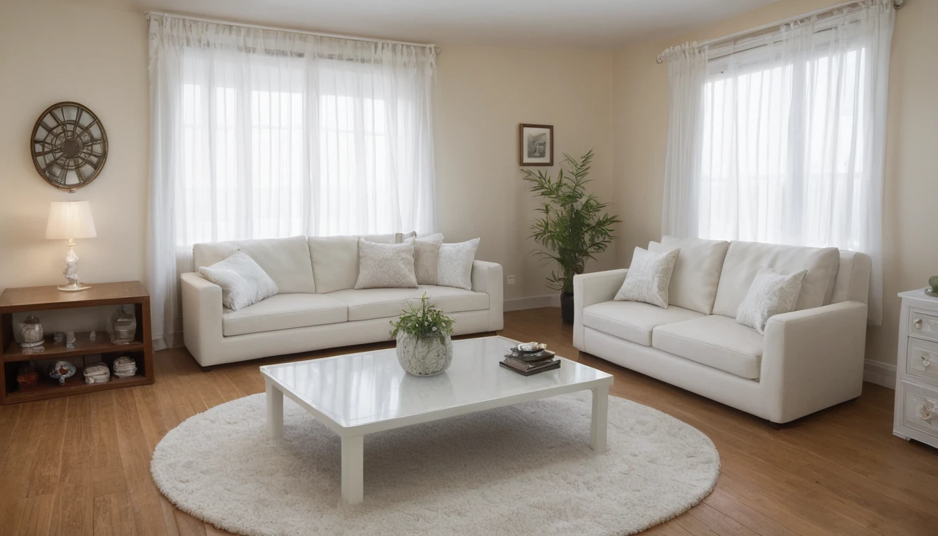 Describe a modern living room with a large window that offers a view of Cambridge. The room has a concrete wall, a white floor, and a stereo set. A glass of wine is placed on the table. The room is furnished with a yellow sofa, white cushions, and white curtains. There is a potted plant and a pendant light. Create a vivid and detailed description of the room, focusing on the architectural elements, materials, and decorations. The scene should be set at night and should be rendered in high definition (16k). The description should be beautiful and evocative, conveying a sense of luxury and refinement.