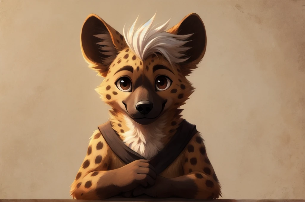 masterpiece，hyena，male，child，Solitary，best quality，Delicate eyes，Brown eyes，paw，Hair，White background，Cartoon style，White hair，Facing the camera，Smile，Biye，Standing