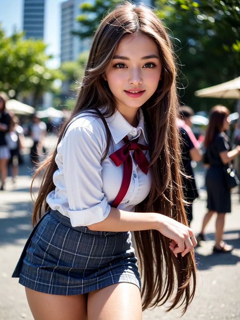 (smile)、Cute Girl、fun、(((smile)))、high school girl、((Schoolgirl uniform))、(The eyes are light brown)、(((Droopy eyes))),Ultra-realistic、photograph、(((Pedestrian precinct)))、Short skirt、 The face is very beautiful、Clear eyes、(((Eyes with big eyes)))、Pedestrian precinct、intersection、Japanese girls' high 、 bench、Dark blue pretz skirt、Large 、(( young woman's body:1.4))、