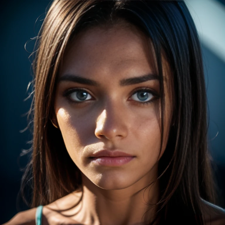 A  brazilian woman with  blue eyes gazes directly at the camera against an darkened background