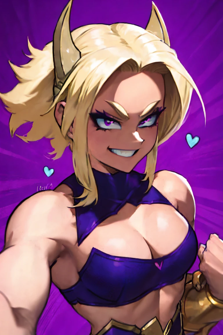 A hot girl with strong, light blonde hair, cute hair, Look of Fury, musclegirl, dark costume and fist. Smile, lilac makeup,