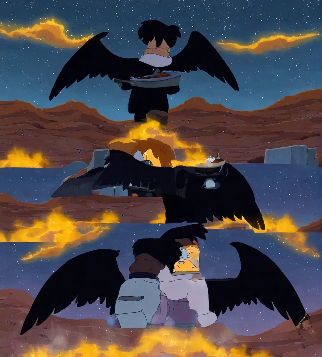 Fry, Big Black Angel Wings, Desert, sky, sky, stars(sky), sad and cry, Futurama Style 