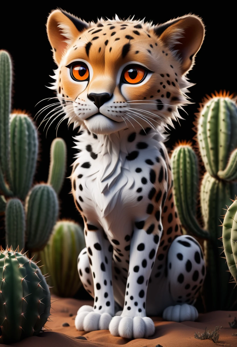 Flourishing cactus,(((1 cheetah in the desert, Deep orange eyes, black and white))), black background, (best quality,4K,8K,high resolution,masterpiece:1.2),Extremely detailed,(Practical,photoPractical,photo-Practical:1.37),Highly detailed animal portraits, Dramatic Lighting, Powerful predator, Intense expression, Fascinating eyes, Smooth spotted fur, muscular, Low angle shot, Close-up view, Minimalist composition, High contrast
