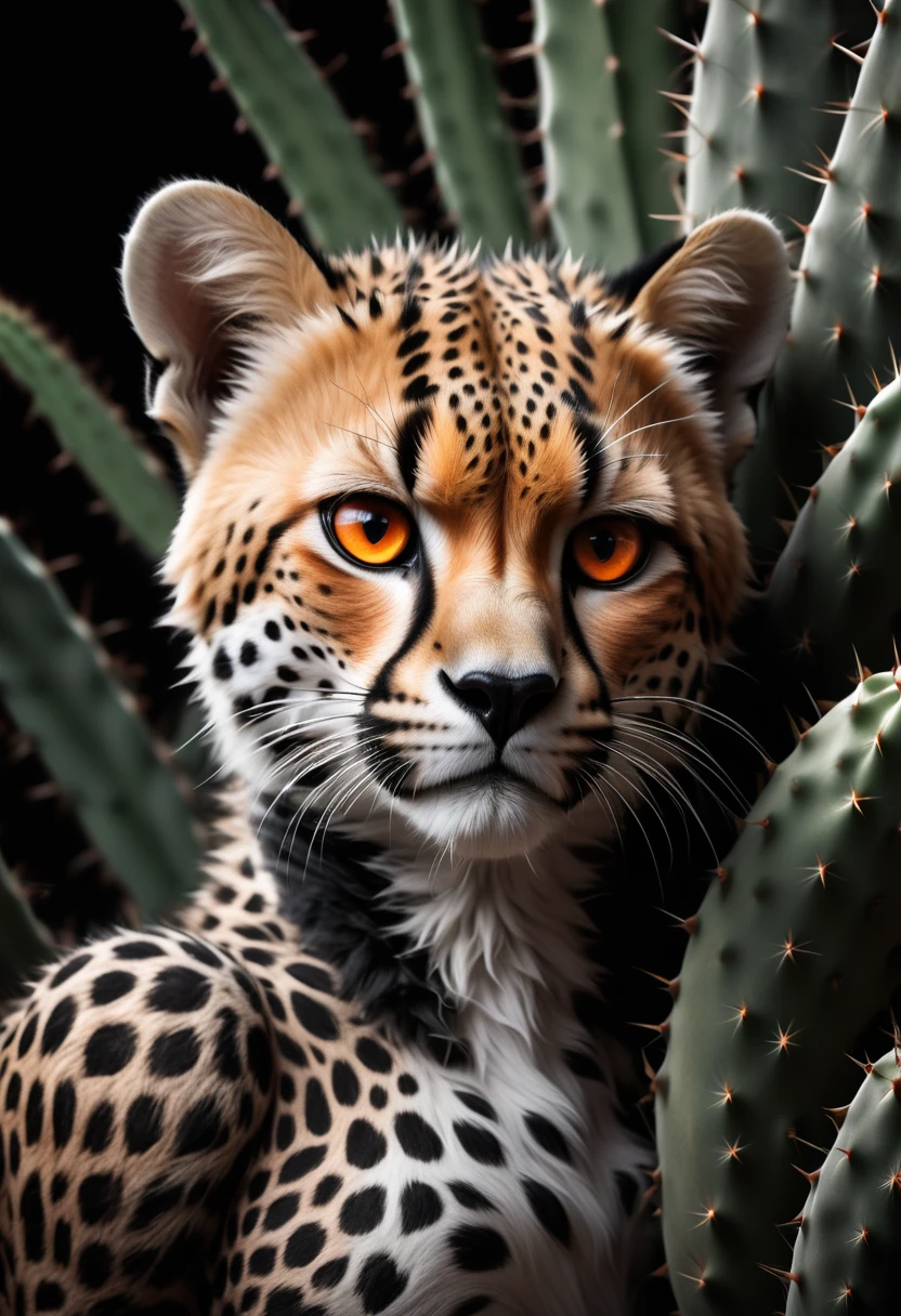 Flourishing cactus,(((1 cheetah in the desert, Deep orange eyes, black and white))), black background, (best quality,4K,8K,high resolution,masterpiece:1.2),Extremely detailed,(Practical,photoPractical,photo-Practical:1.37),Highly detailed animal portraits, Dramatic Lighting, Powerful predator, Intense expression, Fascinating eyes, Smooth spotted fur, muscular, Low angle shot, Close-up view, Minimalist composition, High contrast
