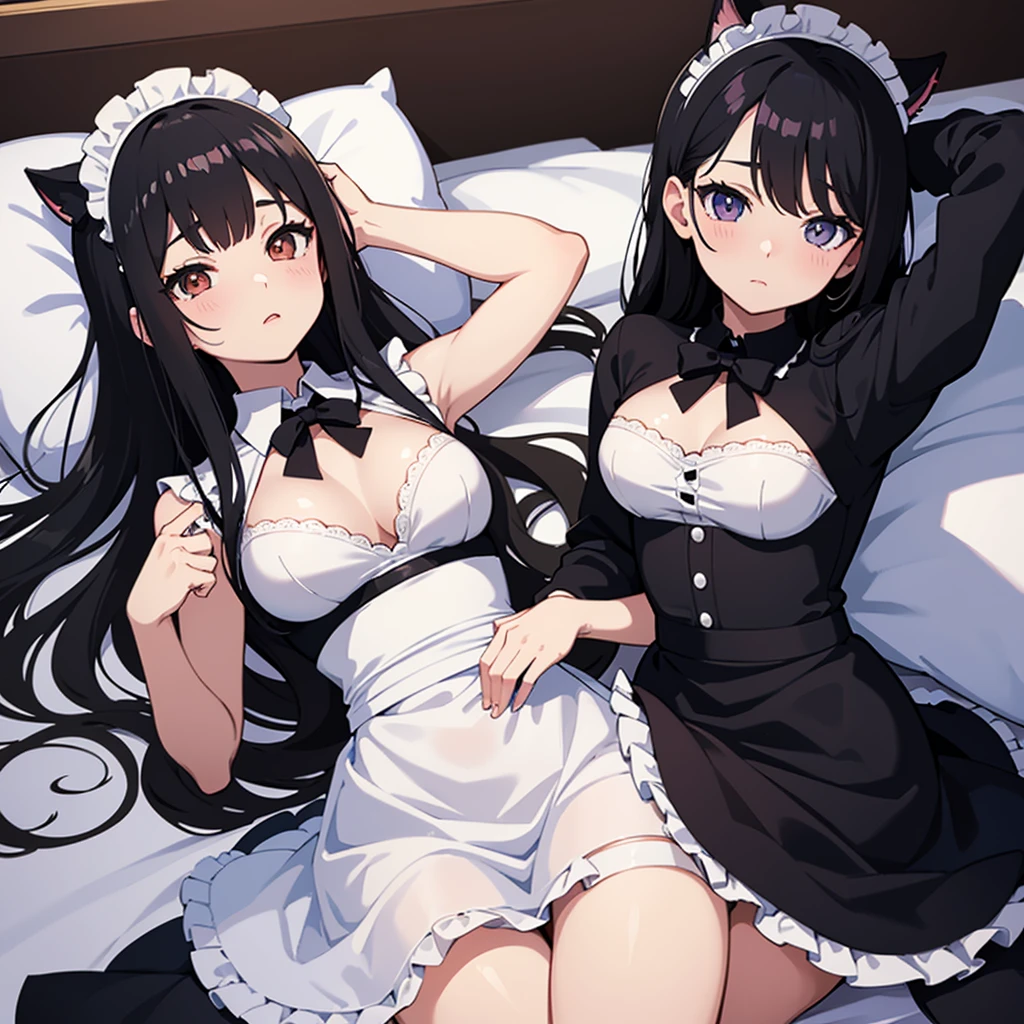 Anime girl with black hair and white dress lying in bed, Anime drawing by Honoohito, Pixiv, Sequential Art, anime girl in a Maid costume, , Anime Moe Art Style, gorgeous Maid, Cute girl anime visuals, anime cat girl in a Maid costume, Maid outfit, Enchanting anime girl, Lori, Maid