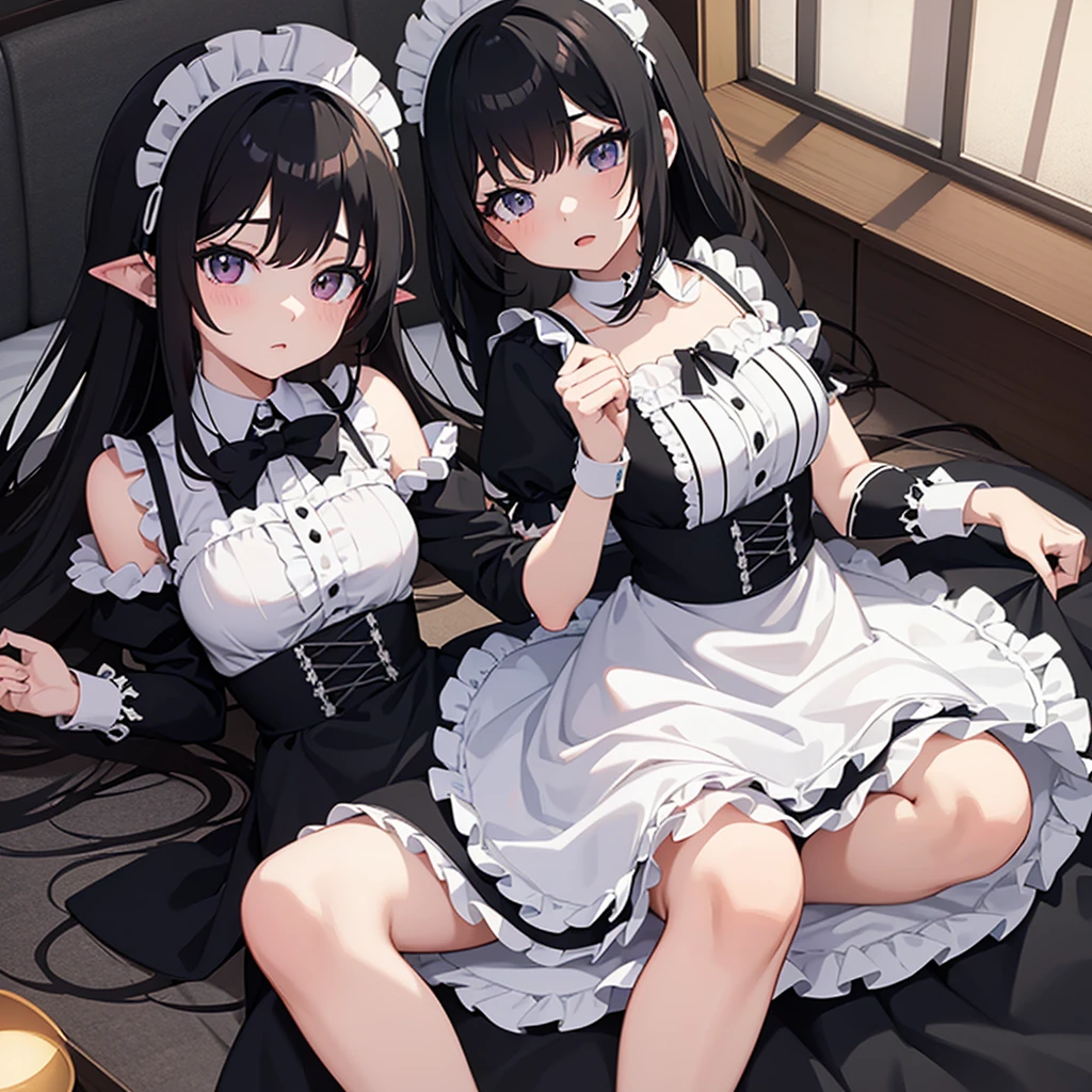 black scales，scales，male，male，boys，juvenile，Lovely，Black dragon horn，black hair，cyan eyes，black hair，Wearing maid outfit，shy，shy，individual，whole body，big bulge，review，side view，look at the audience，cleaning，exposed，Lift the skirt with one hand，Looking up，low angle of view，No objectionable content，Room，sofa，bookshelf，window，bright interior，Morning，Close up，（（best quality，8K，masterpiece：1.3）），Half-dressed