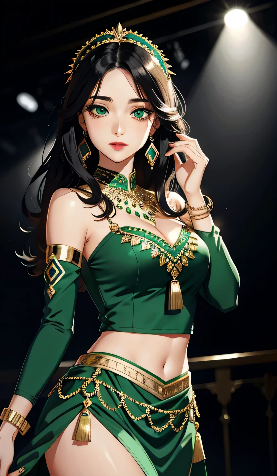 ((((A young woman))), the anime, ( Green eyes), (black hair), Nice face, ssmile, the perfect body, Wavy Hair, hairlong, (((morena))), big breastes, ((tmasterpiece, beste-Qualit)), illustartion, ультра детализированная 8k, Photorealistic, sharp-focus, higly detailed, Professional lighting, colorful details, Rainbow colors, Glowing, intricate detials, Vivid details, Clothing style: Scandinavian style, Scandinavian pattern on sweater, trousers three-quarters on the hips