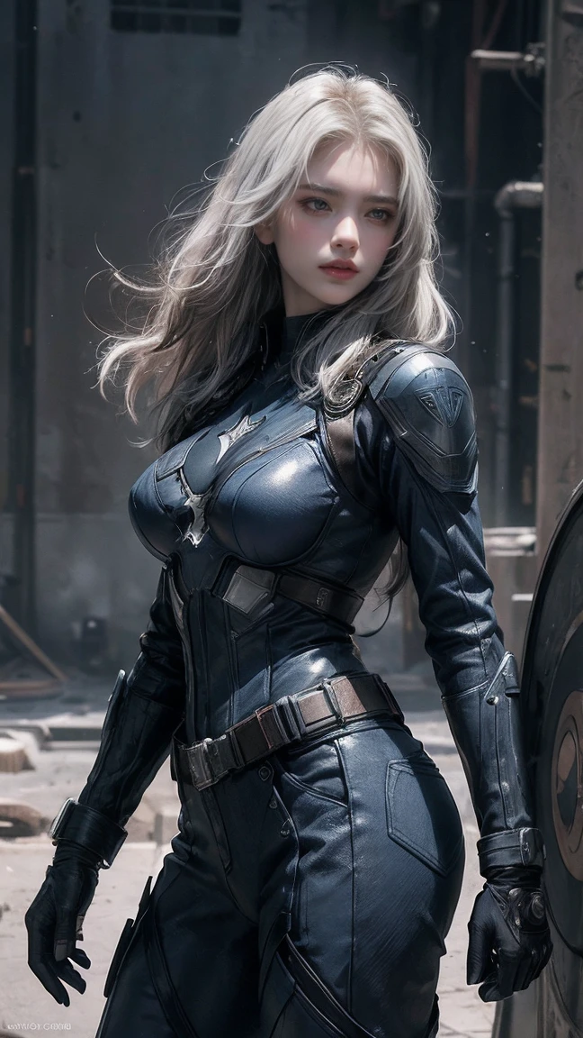 (1girl:1.3), solo, __body-parts__, official art, unified wallpaper 8k, super detailed, beautiful and aesthetic, beautiful, masterpiece, best quality, raw, masterpiece, super beautiful photo, best quality, super high resolution, photorealistic realism, sunlight, full-length portrait, amazing beauty, dynamic pose, delicate face, bright eyes, white hair ((rear view)), she wears a futuristic Captain America costume, blue color scheme, (hand a shield), Capital A on the chest, very detailed abandoned warehouse background, detailed face, detailed complex busy background, dirty, gorgeous, milky white, very detailed skin, realistic skin details, visible pores, sharp focus, volumetric mist, 8k uhd, SLR camera, high quality, film grain, light leather, photorealism, lomography, huge metropolis in a future dystopia, bottom view, translucent