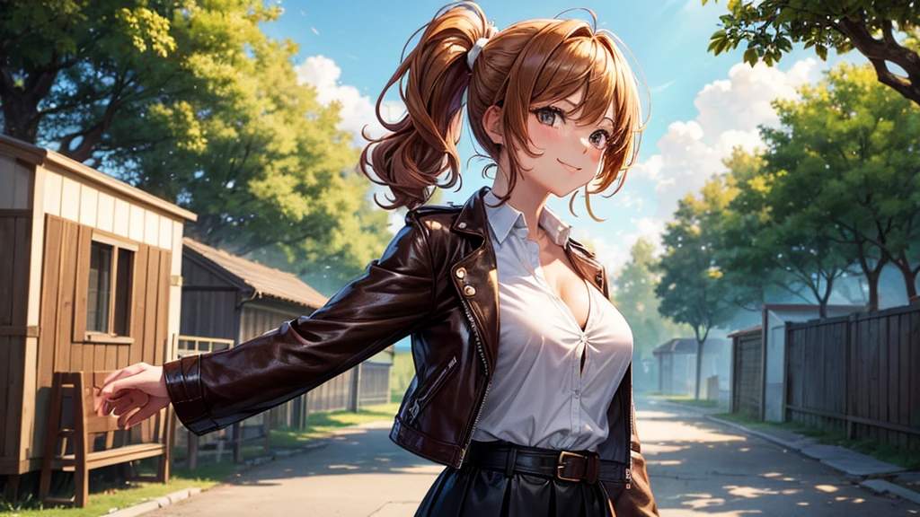 1girl, solo, summer, village, trees, sun, clouds, ((colorful hair)), curly hair, ponytail, large full breasts, ((brown leather jacket)), button down shirt, ((white shirt)), ((short sleeved shirt)), ((unbuttoned shirt)), unbuttoning buttons, cleavage 1:3, brown eyes, skirt, smile, looking at the viewer, standing, hair ribbon, golden necklate