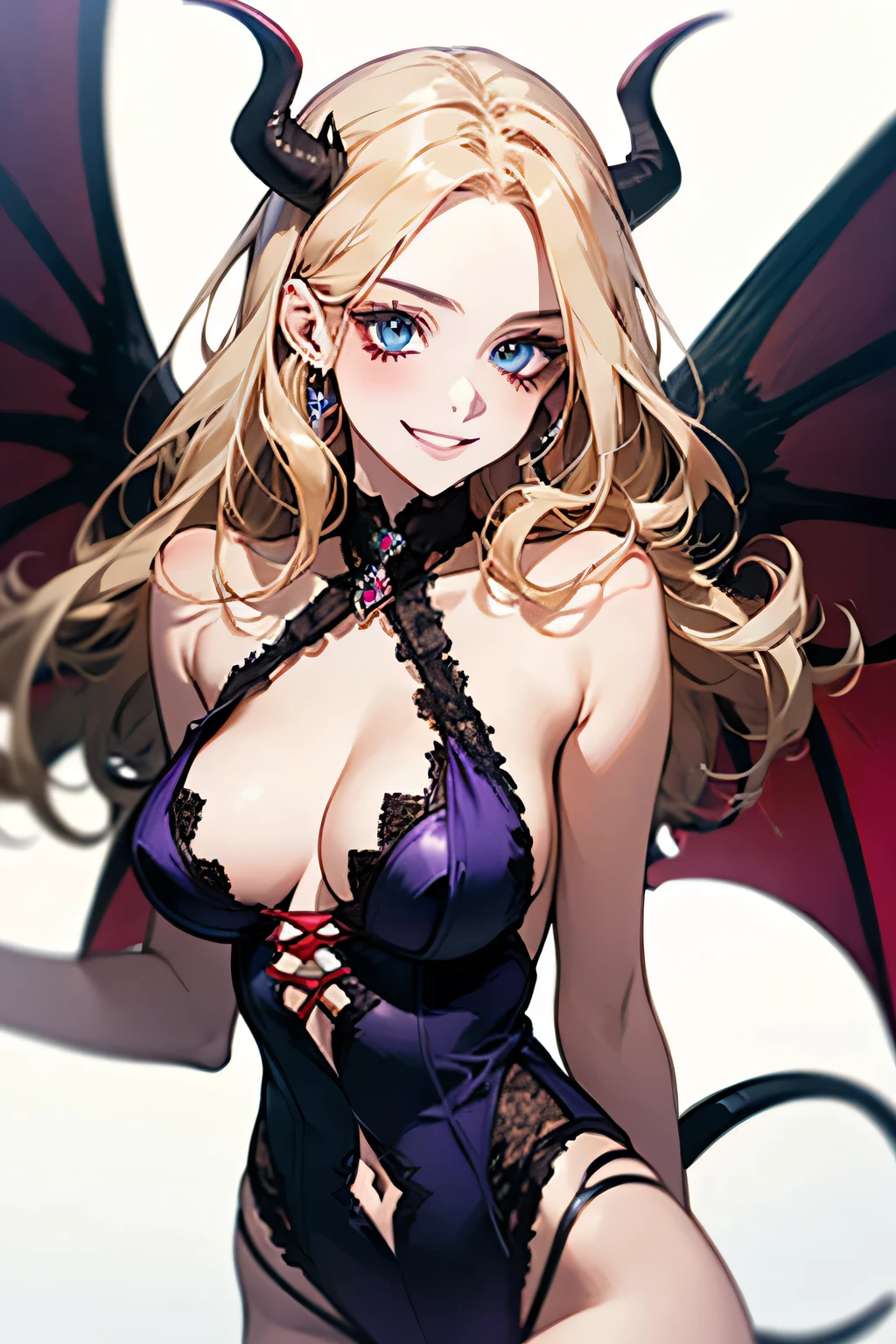 Succubus，Provocative smile，Blonde，blue eyes,Purple devil wings，One devil&#39;s tail.     Full moon in the background.