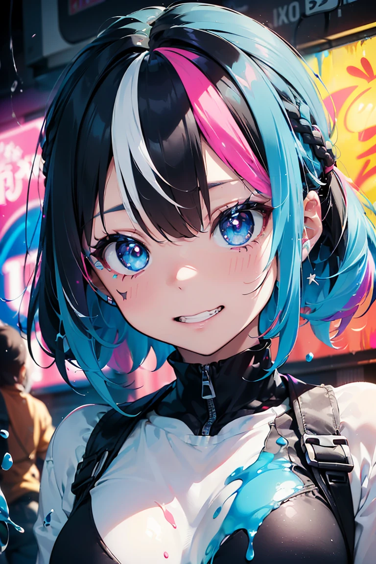 (((Beach))),(Morning Glow),(((T-Shirts))),((Pastel blue hair)), Eyes that shine like jewels, gloomy, (((No light in the eyes))), Negative atmosphere, Anime Girls,Punk Fashion,Punk Makeup, ((Grin)), (Big Breasts:1.3),((Upward glance:1.3, Perfect Eyes , The rainbow shines、Eyes with very fine irises:1.3, Gradient Eye:1, Beautiful details:1, Symmetrical eyes:1, Big Eye Highlights:1.3)), blush, (Open your mouth), anger,In a psychedelic room, (White skin: 1.5, Sunburned skin, White skin, very White skin, Bright body), Psyche Tranceのイラスト, Psyche Trance, psychedelic art style, Neon Color Theme, (((masterpiece))), (Complex), 8k, highest quality, (Visual Strength: 1.5),
(((liquid paint hair:1.1))) ,(((Neon colored hair :1.5))), ((I drew、Defying Gravity,Strong currents),(Paint splashes:1.3), (Shiny Hair: 1.3), (Bright colors), Embarrassing,Centered,Scale to fit,Three-part method, A body nicely covered in paint on a multicolored background, Colorful Themes, Splash Paint Regeneration, Beautiful light, Colorful light particles,High contrast in clothing, Color Splash, Colored walls, Complex 詳細, Exposure Blending, High resolution, (Graffiti art)